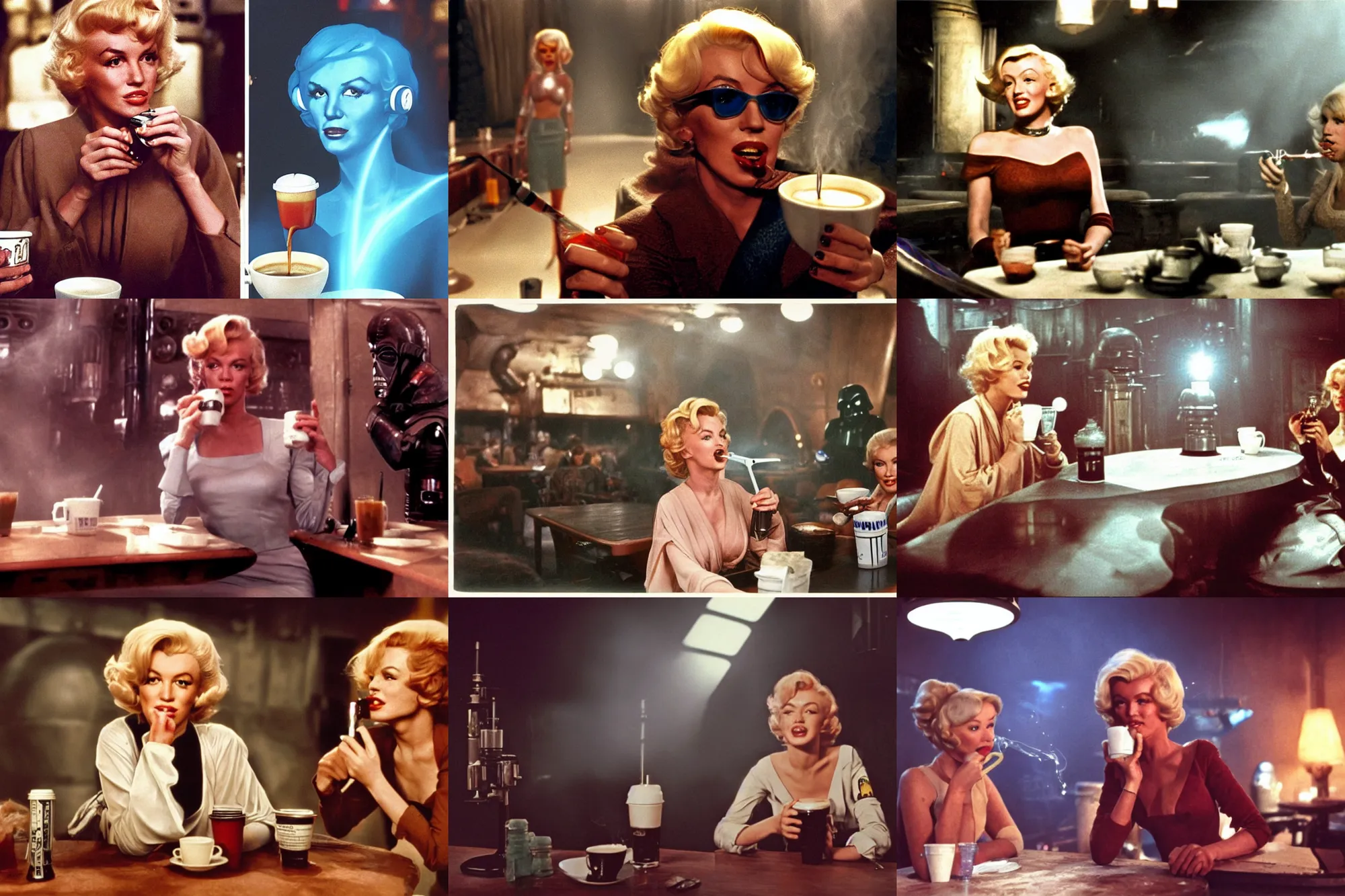 Prompt: A long-shot, color cinema film still of a Marlin Monroe drinking coffee in the Mos Eisley's Tavern, Two aliens around, misty, studio lighting; from Star Wars(1977)