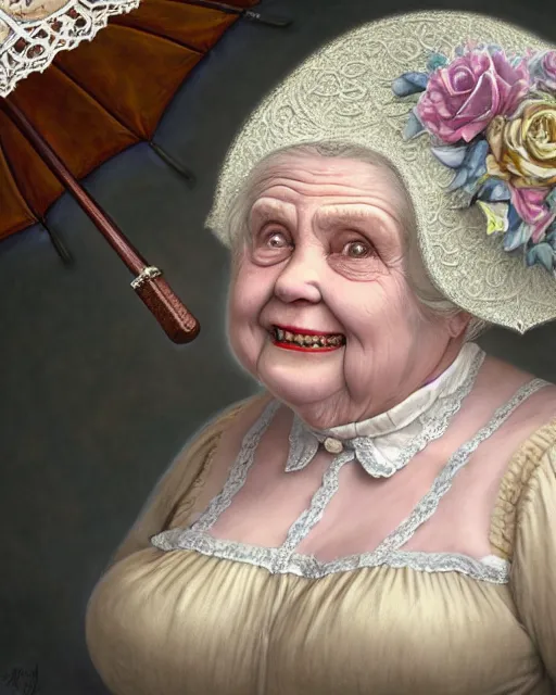 Prompt: highly detailed closeup, of a fat shiny ceramic white hair old wrinkled woman dressed in victorian hat and clothes holding an umbrella over her head, hyper realistic, artstation, illustration, nicoletta ceccoli, mark ryden, lostfish, dan decarlo, bob clampett, max fleischer, digital paint, matte paint, vivid colors, detailed and intricate environment