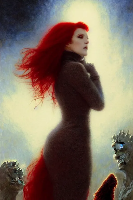 Image similar to beautiful vampire long red hair in a white woollen turtleneck dress, pointing at a small blue shin godzilla, portrait dnd, painting by gaston bussiere, craig mullins, greg rutkowski, yoji shinkawa