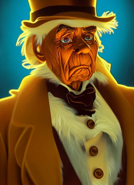 Prompt: oil portrait of scrooge mcduck, intricate, elegant, highly detailed, lighting, painting, artstation, smooth, illustration, art by greg rutowski and alphonse mucha