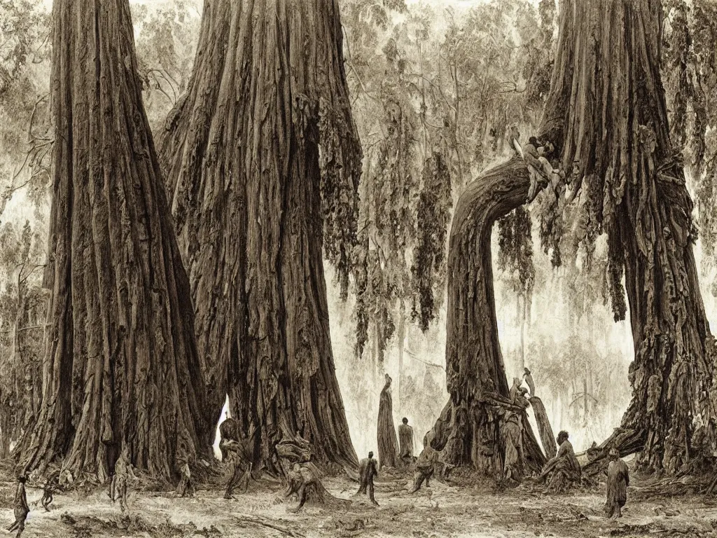 Image similar to People from the tribes stuck in the mud near a giant fallen sequoia tree. Painting by Caspar David Friedrich, Sebastiao Salgado