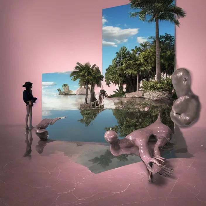 Image similar to hyperrealistic random objects in a surreal minimalistic dreamscape environment by salvador dali, enormous pink mannequin head statue, highly detailed, 3 d render, vray, octane, beautiful lighting, photorealistic, intricate, elegant, wayne barlowe, water, mirrors, doorway, beautiful, masterpiece, trending on artstation, artgerm, checkered floor, palm tree