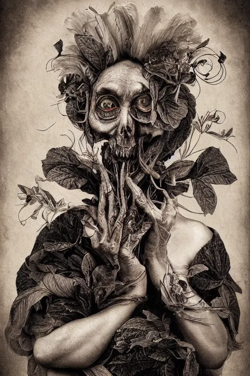 Image similar to Detailed maximalist portrait of a beautiful old woman with large lips and eyes, scared expression, botanical skeletal with extra flesh, HD mixed media, 3D collage, highly detailed and intricate, surreal illustration in the style of Caravaggio, dark art, baroque, centred in image