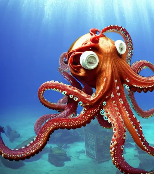 Image similar to cybernetic octopus professor in an underwater lab, 8K, National Geographic photography