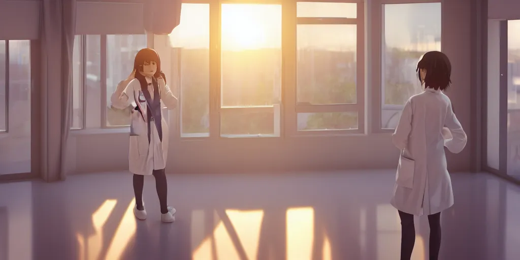 Prompt: a cute young female doctor wearing white coat, hospital ward, windows, sunset lighting, cinematic, realistic, 3 d render, anime scenery by makoto shinkai