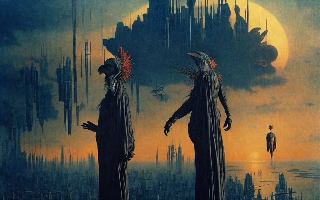 Image similar to realistic detailed portrait movie shot of a birdman wearing dark ragged robes, futuristic city sunset landscape background by denis villeneuve, amano, yves tanguy, alphonse mucha, ernst haeckel, max ernst, roger dean, rich moody colours, cinematic