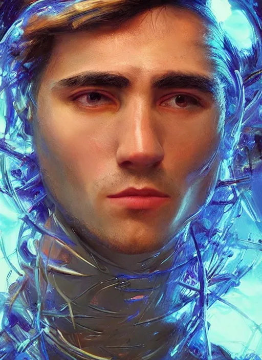 Image similar to a highly detailed long shot photo of masculin male face portrait, futurism, rococo cyber neon lighting, detailed futuristic fibonacci jewelry, profile posing, hyper photorealistic, crispy quality, digital photography, trending in pinterest, cinematic, 4 k ultra hd, art by pascal blanche, art by greg rutkowski, art by artgerm,