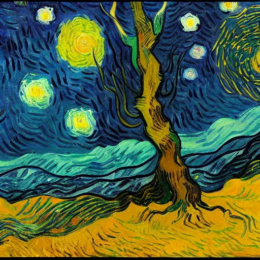 Prompt: trees on the moon by vincent van gogh