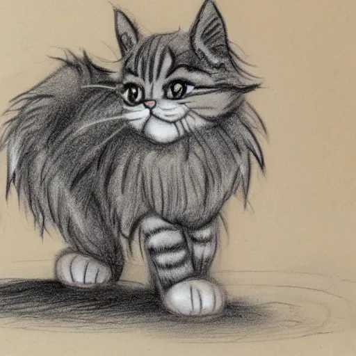 Prompt: extra fluffy Persian tabby cartoon cat standing on two feet, drawing by Don Bluth, pencil sketch with feathery lines