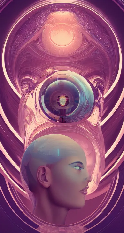 Image similar to art deco close up portait of head surrounded by spheres, like a dream digital painting curvalinear cinematic dramatic fluid lines otherworldly vaporwave interesting details epic composition by artgerm