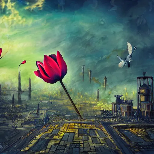 Prompt: flying tulip steam fortress, fantasy art, urban, sky in the background, detailed, behrens style