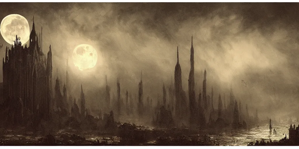 Image similar to dark fantasy matte painting of a city-size screaming pipe organ with teeth, moonlit night, evil godrays, fog, smoke, dark stormy weather by beksinsky and Goya, fine detail