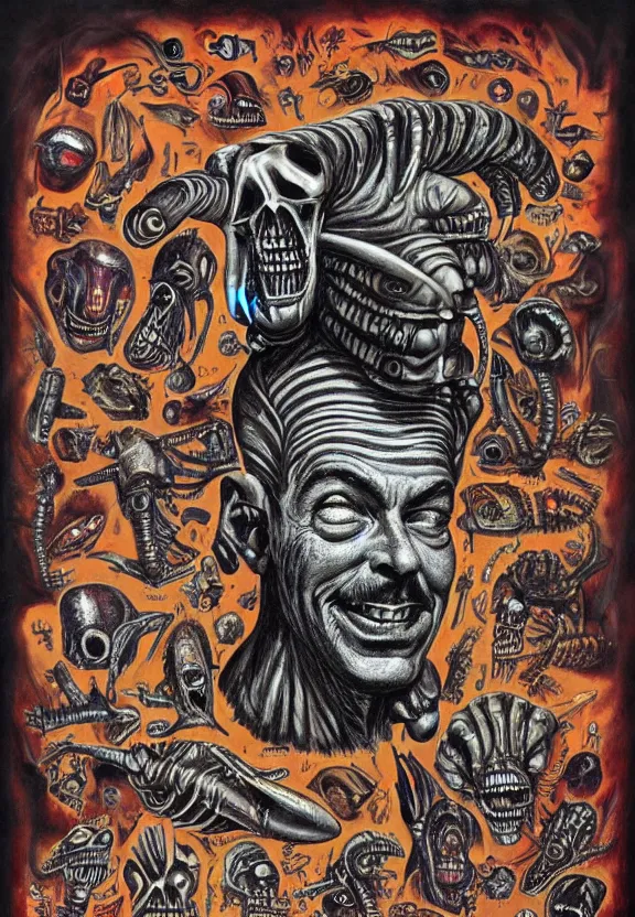 Image similar to subgenius, x - day, aliens, weird stuff, occult stuff, devil stuff, vintage, stained paper, hyperrealism, stage lighting