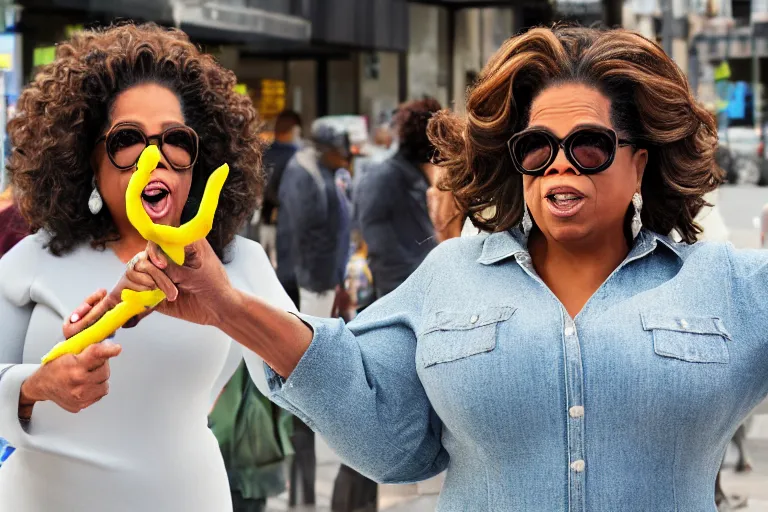 Prompt: oprah winfrey holding a corndog pointing to homeless people, mission street, hyper realistic, 8 k, ethereal details, high resolution, cinematic lighting