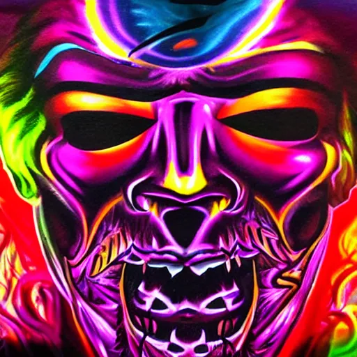 Image similar to psychedelic blacklight airbrush artwork of a stylized orc biker