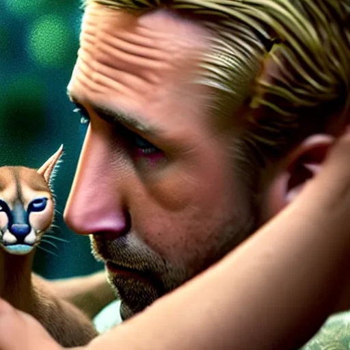 Image similar to A beautiful hyper realistic ultra detailed lifelike cinematic still of Ryan Gosling holding a cute caracal, unreal engine, deviantart, flickr, artstation, octane render, textured, colorful, extreme realistic detail, physically based rendering, pbr render, very detailed, volumetric lighting, detailed lighting, octane render, 4k, cinematic lighting, 8k resolution