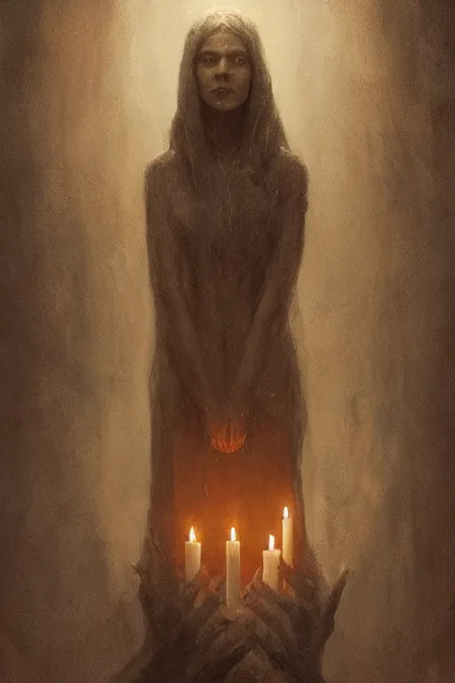 Image similar to Spirit holding a candle in the middle of the room, horror, illustrated by Greg Rutkowski and Caspar David Friedrich., Trending on artstation, artstationHD, artstationHQ, 4k, 8k