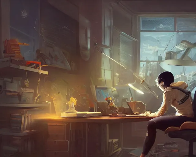 Image similar to an insanely detailed painting of a nerdy asian man wearing a superhero costume, sitting at a desk, staring at the nervously at the computer and typing, in the style of peter mohrbacher, dramatic lighting and composition, surreal background, octane render, pixar, trending on artstation, concept art, comic book, view from behind