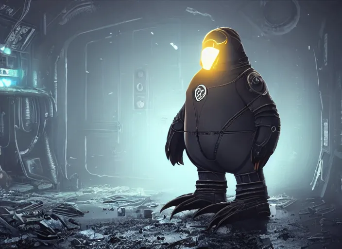 Prompt: cyber penguin in fallout 4, horror scene, artgerm, rutkowski, tooth wu, beeple, and intricate