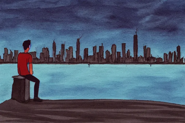 Prompt: A man sitting on a jetty, city in the background, cinematic lighting, copic markers