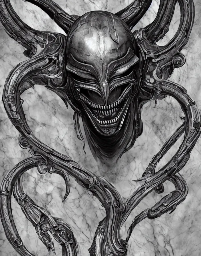 Image similar to engineer prometheus face, xenomorph alien face, highly detailed, symmetrical long head face, smooth marble surfaces, detailed ink illustration, raiden metal gear, cinematic smooth stone, deep aesthetic, concept art, post process, 4k, carved marble texture and silk cloth, latex skin, highly ornate intricate details, prometheus, evil, moody lighting, hr geiger, hayao miyazaki, indsutrial Steampunk