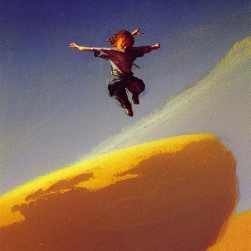 Prompt: atmospheric painting of a boy flying in the sky by moebius and john harris, atmospheric, concept art, saturation 2