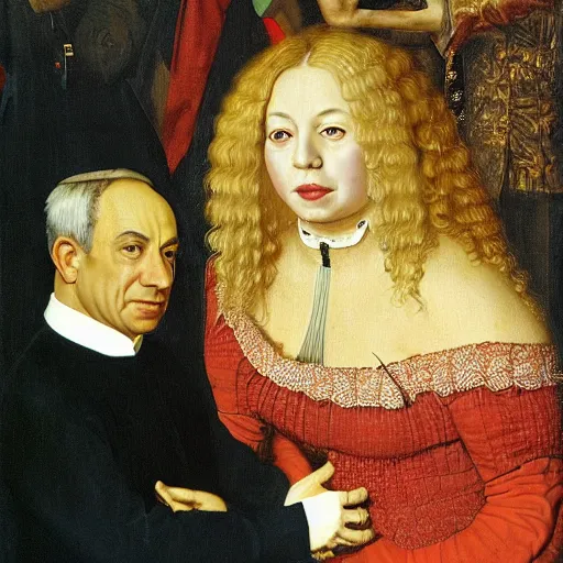 Prompt: painting of Benjamin Netanyahu shielding himself with his arms as Sara Netanyahu is throwing peanuts at him in a crouched position, by Jan Van Eyck