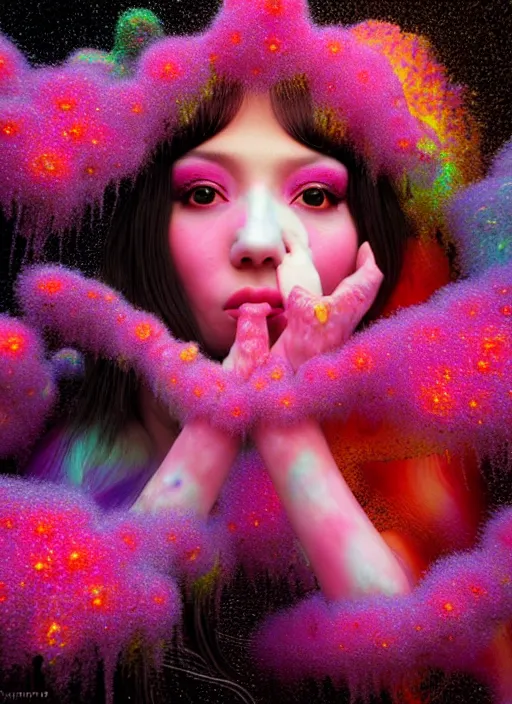 Image similar to hyper detailed 3d render like a Oil painting - kawaii Aurora (Singer) seen Eating of the Strangling network of yellowcake aerochrome and milky Fruit and Her delicate Hands hold of gossamer polyp blossoms bring iridescent fungal flowers whose spores black the foolish stars by Jacek Yerka, Mariusz Lewandowski, Houdini algorithmic generative render, Abstract brush strokes, Masterpiece, Edward Hopper and James Gilleard, Zdzislaw Beksinski, Mark Ryden, Wolfgang Lettl, hints of Yayoi Kasuma, octane render, 8k