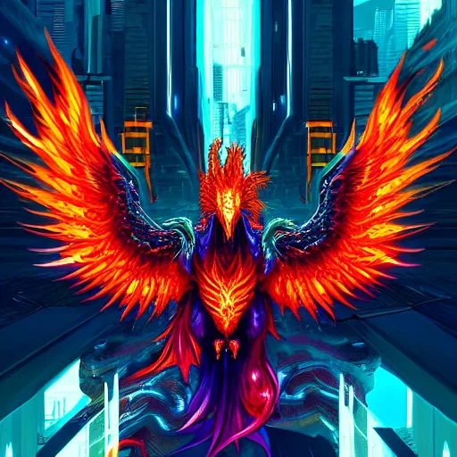 Image similar to ((((((GTA Cover art)))))): Extraterrestrial Phoenix Soul Redeemer, cyberpunk, Hyper-detailed cybernetic Phoenix-God, ArtStation, 4k, epic, phenomenally aesthetic, bright, rich and gaudily