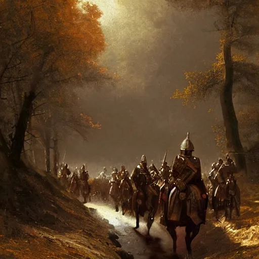 Prompt: a small group of medieval european knights are riding in a column through a dark wood along a small stream, highly detailed, digital painting, sharp focus, by alber bierstadt greg rutkowski