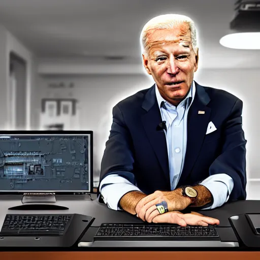 Image similar to joe biden building a PC, photo, 4k photoshop render