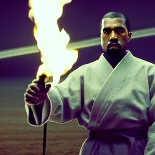 Image similar to cinematic film still of Kanye West starring as a Japanese Sensei with fire, Japanese CGI, VFX, 2003, 40mm lens, shallow depth of field, film photography