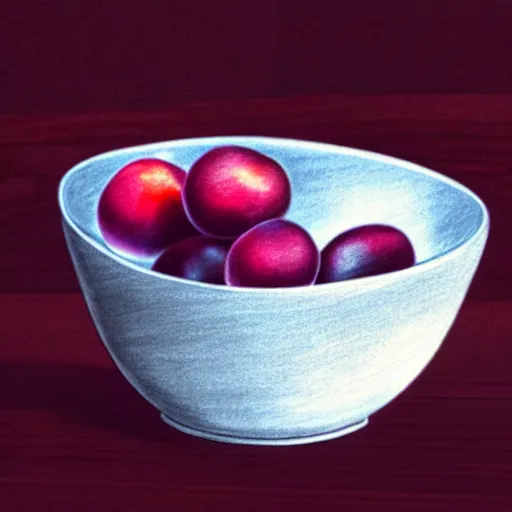 Image similar to concept art drawing of a single thick porcelain bowl filled with a few moist freshly picked plums on a wooden table. volumetric lighting. small scale. artistic. top down.