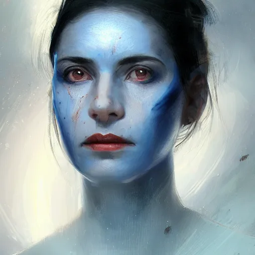 Image similar to portrait of a woman by Greg Rutkowski, blue skin, red eyes, black hair with two strand around her face, authority figure, secretary general of the galactic alliance, wearing black uniform, Star Wars Expanded Universe, highly detailed portrait, digital painting, artstation, concept art, smooth, sharp foccus ilustration, Artstation HQ