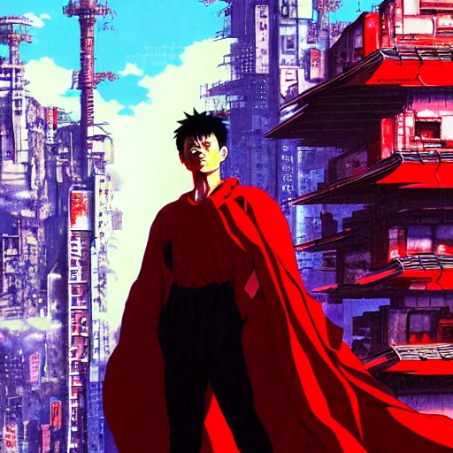 Image similar to tetsuo observing the ruins of neo - tokyo, red cape, akira | anime, matte painting, dystopian megacity neo - tokyo akira, shaded perfect, fine details. realistic shaded lighting anime manga artwork by katsuhiro otomo, akira, artgerm, jeremy lipkin and michael garmash and rob rey