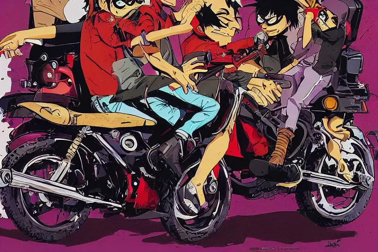 Prompt: pizza, akira's motorcycle, gorillaz, poster, high quality