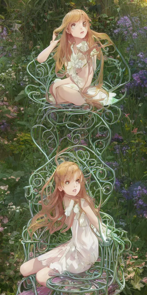 Image similar to a digital art of a loli with long hair in a dress sitting on a metal garden chair in the privet garden at afternoon, green and warm theme, back lighting, by krenz cushart and mucha and akihito yoshida and greg rutkowski and makoto shinkai, extremely long shot, detailed eyes, 4 k resolution, trending on art station