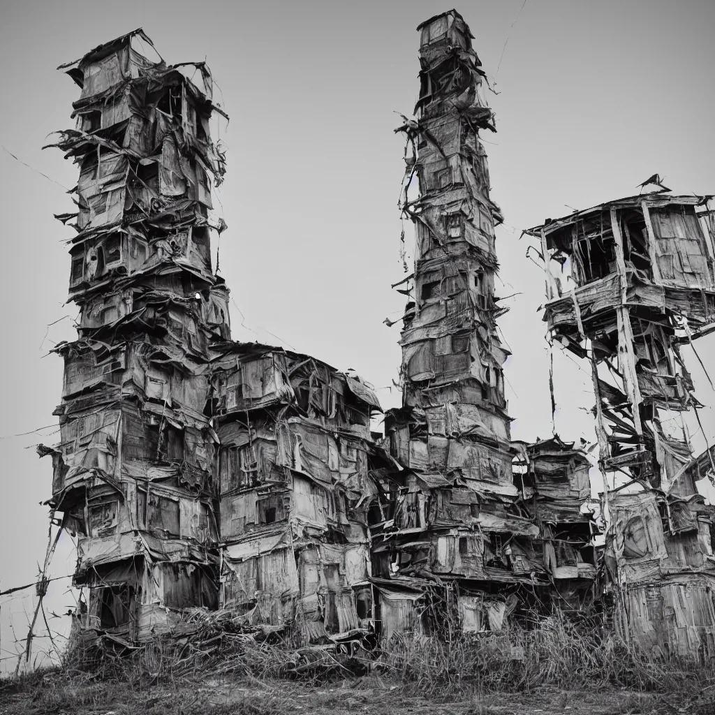 Prompt: close - up view of a large tower, made up of suspended makeshift squatter shacks, faded colours, neutral sky, dystopia, canon 5 d markiii, very detailed, ultra sharp, photographed by ansel adams