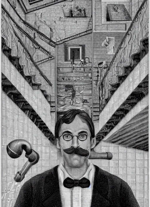 Image similar to a portrait of a school teacher, 🚿🗝📝, 8 k, lowbrow, in the style of mc escher and hr giger,