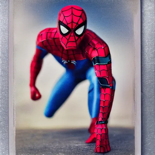 Image similar to a single iron man and spider - man hybrid, dslr, polaroid