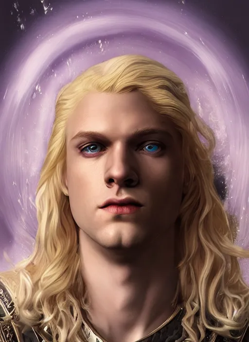 Prompt: An epic fantastic realism comic book style portrait painting of Lucius the most beautiful androgynous blond prince in the universe, long fluffy light golden blond curls of hair, porcelain pale skin, flowers rain everywhere, fisheye lens, Apex Legends Concept Art, porcelain, unreal 5, DAZ, hyperrealistic, octane render, cosplay, RPG portrait, dynamic lighting