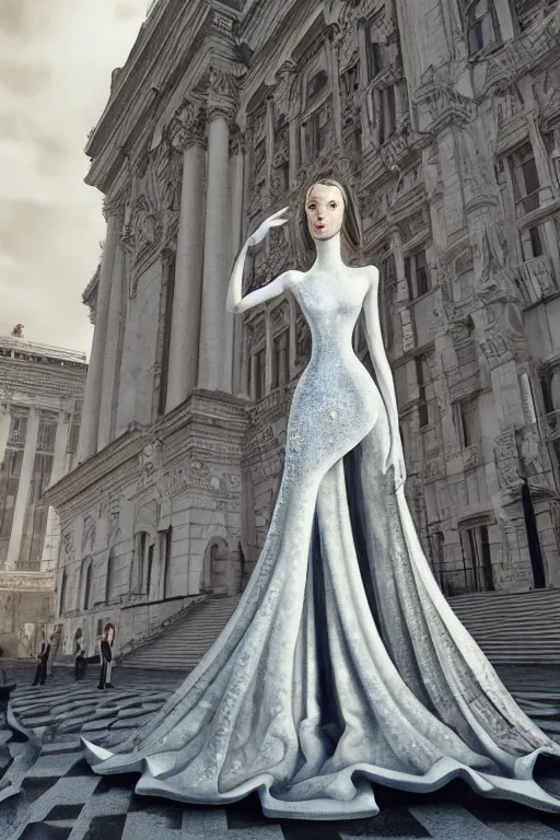 Image similar to a beautiful hyperrealistic ultradetailed 3D, one girl in a magnificent McQueen couture dress on against the backdrop of a marble building, Designer clothes, futuristic clothes, clothes from the future, voge photo, fashion style, fullbody, in full growth, photorealistic, high resolution, trending on artstation, highly detailed, volumetric lighting, elegant, details, good clear quality, volumetric lighting,