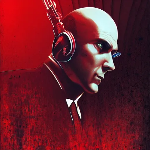 Image similar to agent 4 7 from hitman wearing headphones and listening to music in front of large stereo speakers surrounded by cables, black background, red rim light, highly detailed, smooth, sharp focus, art by cedric peyravernay