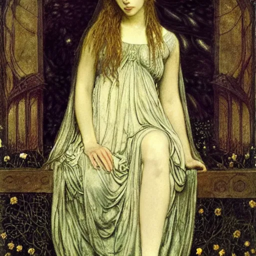 Prompt: a stunning pre - raphaelite portrait of aubrey plaza as nimue in the beguiling of merlin by edward burne - jones