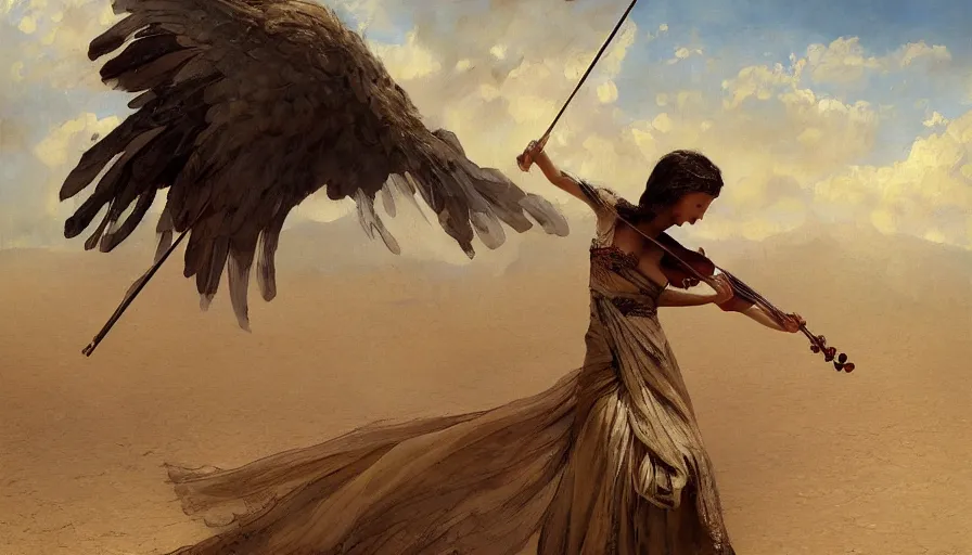 Image similar to angel with wings alone playing on a violin in the desert, oriental painting, sunny morning, russian oil painting, serov, surikov, vasnetsov, repin, kramskoi, paint texture, uplight, insanely detailed and intricate, high resolution, Charlie Bowater, Tom Bagshaw, Norman Rockwell, octane rendered, unreal engine, illustration, trending on artstation, masterpiece, 8k