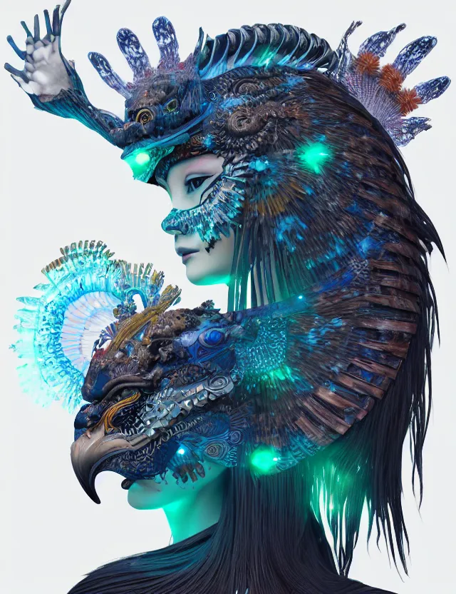 Image similar to 3 d shaman goddess close - up profile portrait. beautiful intricately detailed japanese crow kitsune mask and clasical japanese kimono. betta fish, jellyfish phoenix, bio luminescent, plasma, ice, water, wind, creature, artwork by tooth wu and wlop and beeple and greg rutkowski