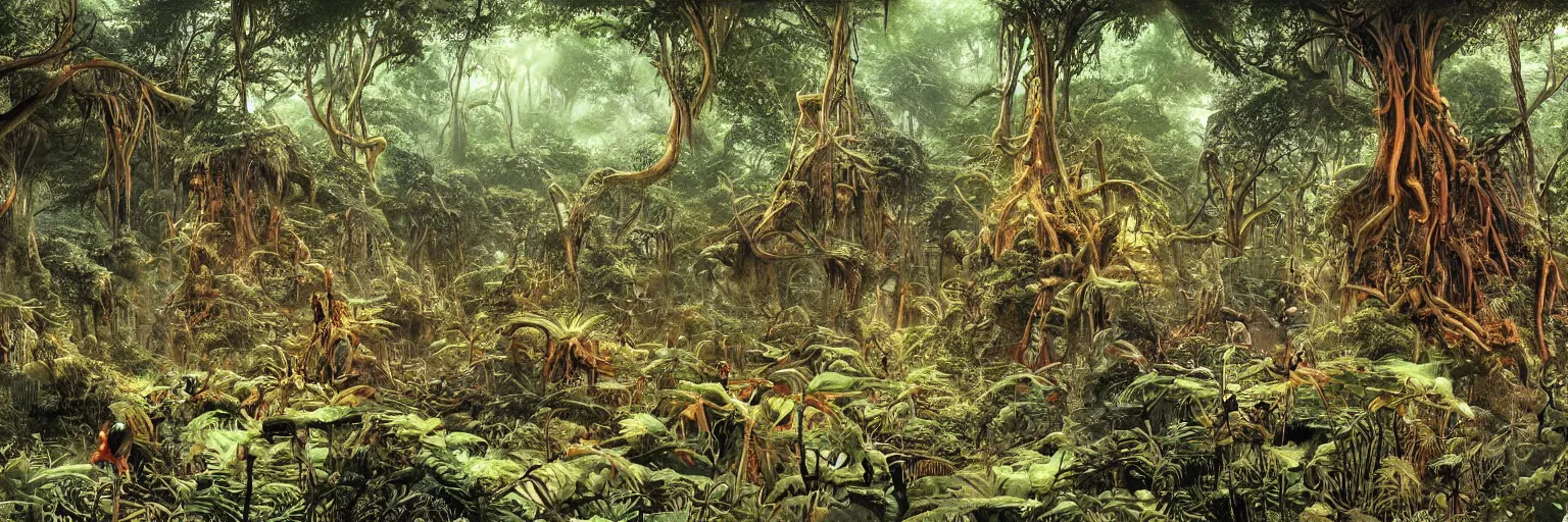 Image similar to underground cave on an exotic alien planet with a jungle canopy of antler trees in the background, leafy overgrowth, insectile weeds, by ian miller, rodney matthews and al feldstein, photorealistic render