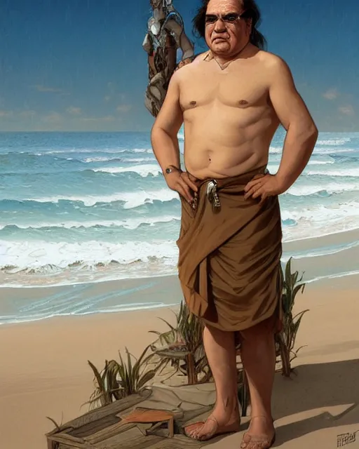 Image similar to beautiful, danny de vito standing in front of a beach, intricate, stunning, highly detailed, digital painting, artstation, concept art, smooth, sharp, focus, illustration, art by artgerm and greg rutkowski and alphonse mucha