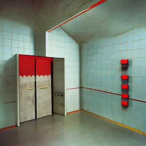 Prompt: noisy color photograph of a retrofuturist liminal space, laboratory, prison, minimalist