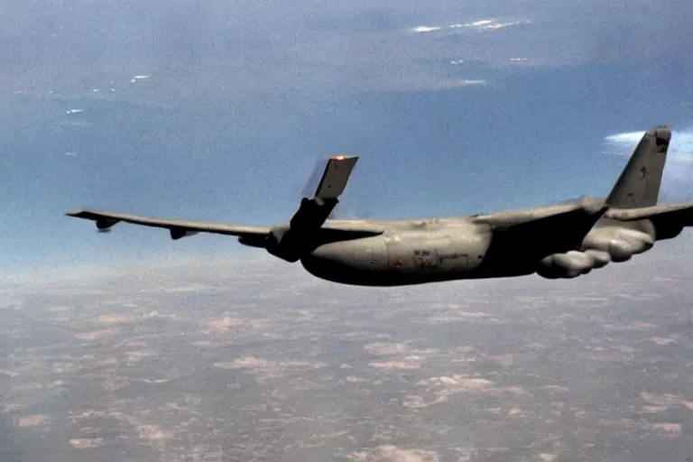 Image similar to gigachad getting nuked by a plane, ac 1 3 0 footage, government released footage